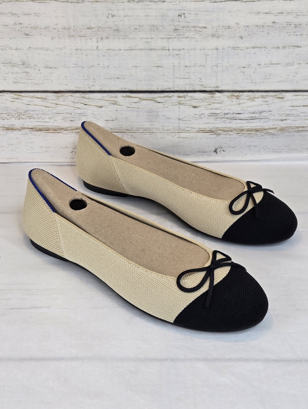 Rothy's The Ballet Flat Cream Captoe Bow Accent Round Toe Women's Size 8.5